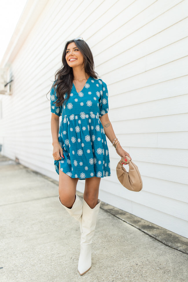 Figured It Out Teal Stitched Detail Mini Dress