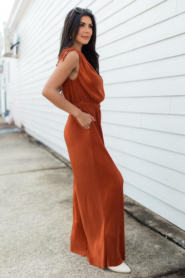 Sent From Above Rust One Shoulder Plisse Jumpsuit