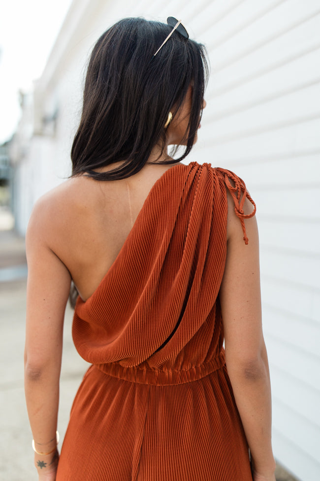 Sent From Above Rust One Shoulder Plisse Jumpsuit