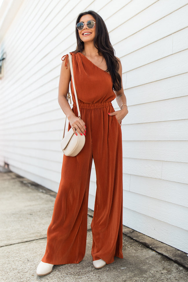 Sent From Above Rust One Shoulder Plisse Jumpsuit