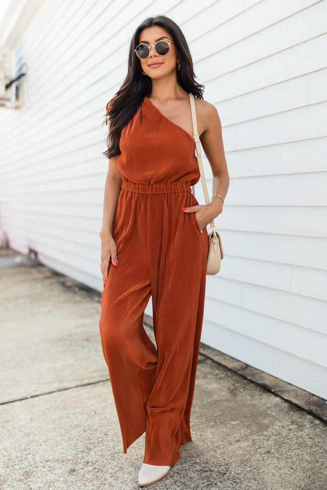 Sent From Above Rust One Shoulder Plisse Jumpsuit