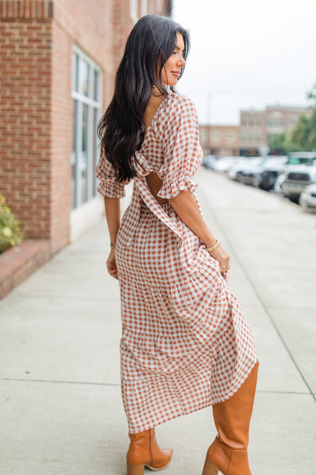 Thankful For You Rust Gingham Puff Sleeve Midi Dress – Pink Lily