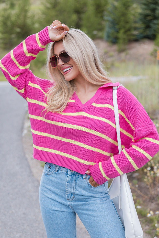 Living Proof Pink and Lime Striped Collared Sweater