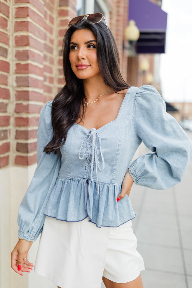 Up To Me Medium Wash Corset Front Chambray Blouse