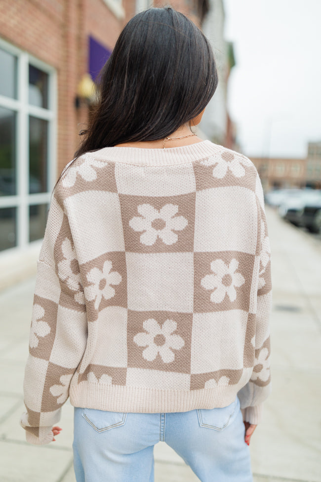 Found A New Way Mocha V-Neck Checkered Flower Sweater