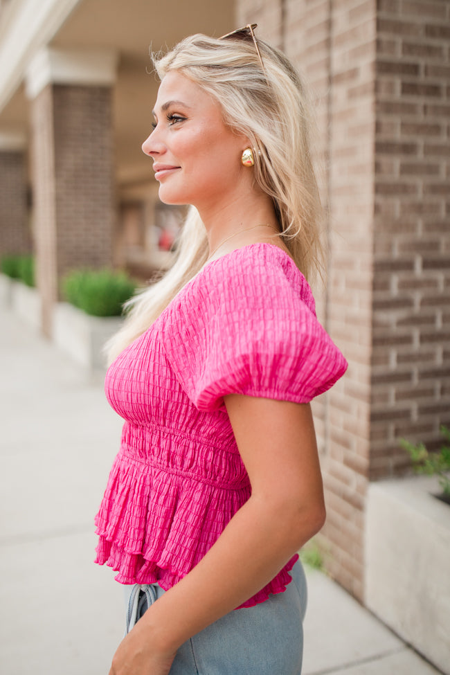 Safe Space Here Hot Pink Smocked Waist Blouse