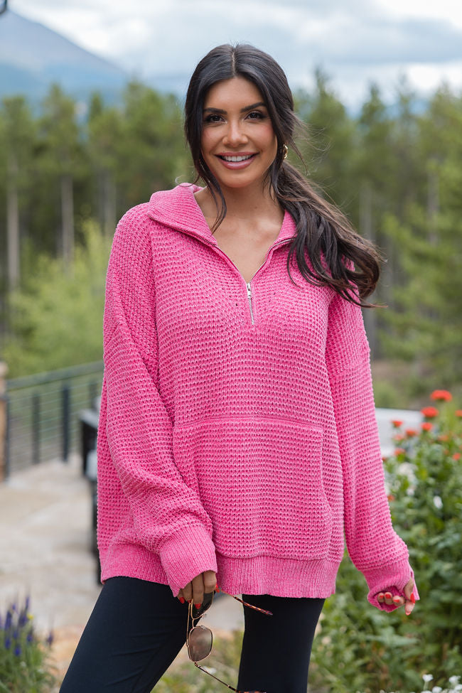 I Jump Too Hot Pink Chenille Quarter Zip Pullover