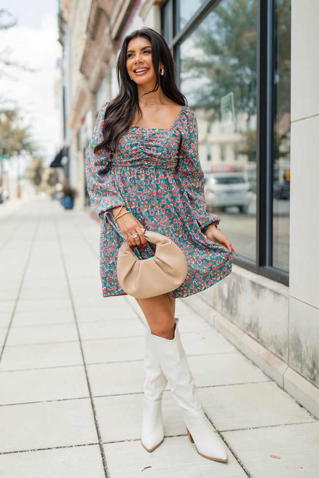 Sounds Better Teal and Rust Rouched Chest Printed Dress FINAL SALE