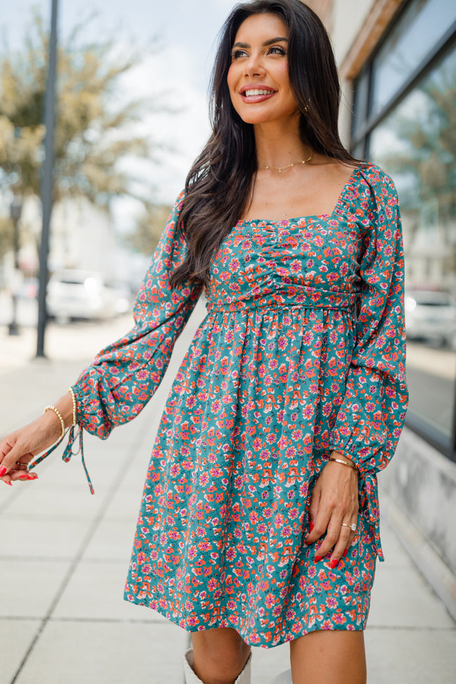 Sounds Better Teal and Rust Rouched Chest Printed Dress FINAL SALE