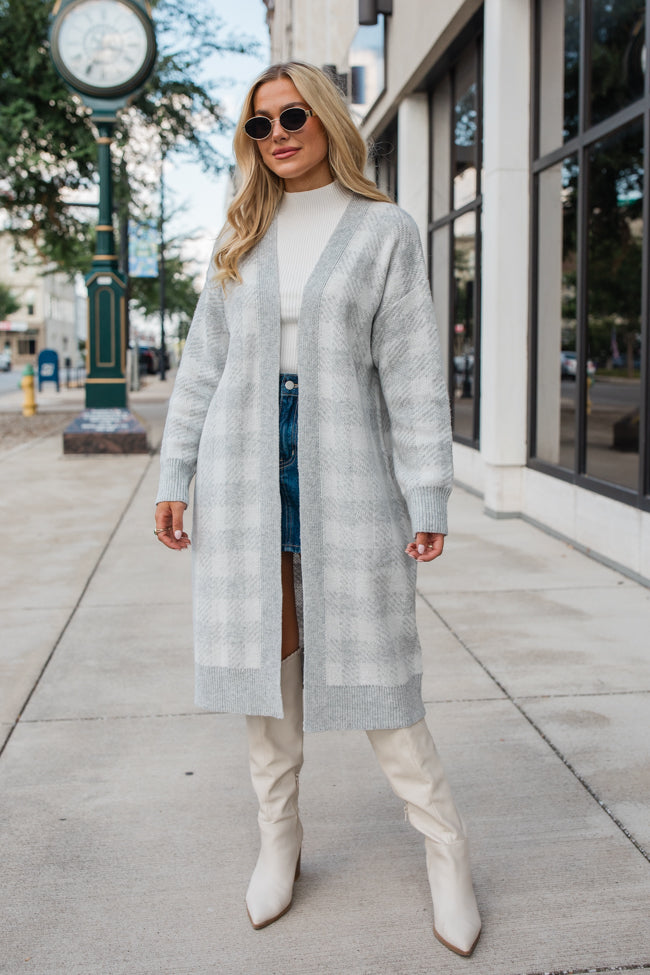 Be The First Grey Plaid Long Cardigan