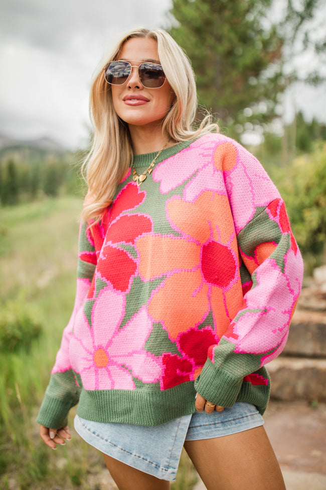 Lively Love Olive Multi Oversized Floral Print Sweater SALE