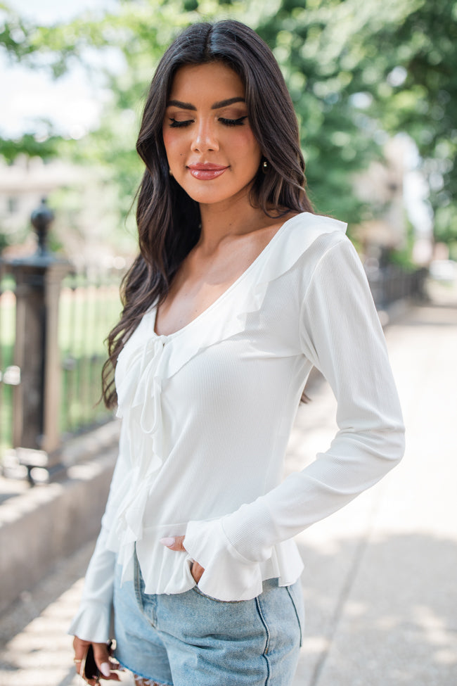 Treat You The Same Ivory Ruffle Detail Ribbed Blouse