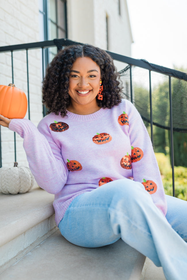 Haunt Mess Purple Sequin Pumpkin Crew Neck Sweater