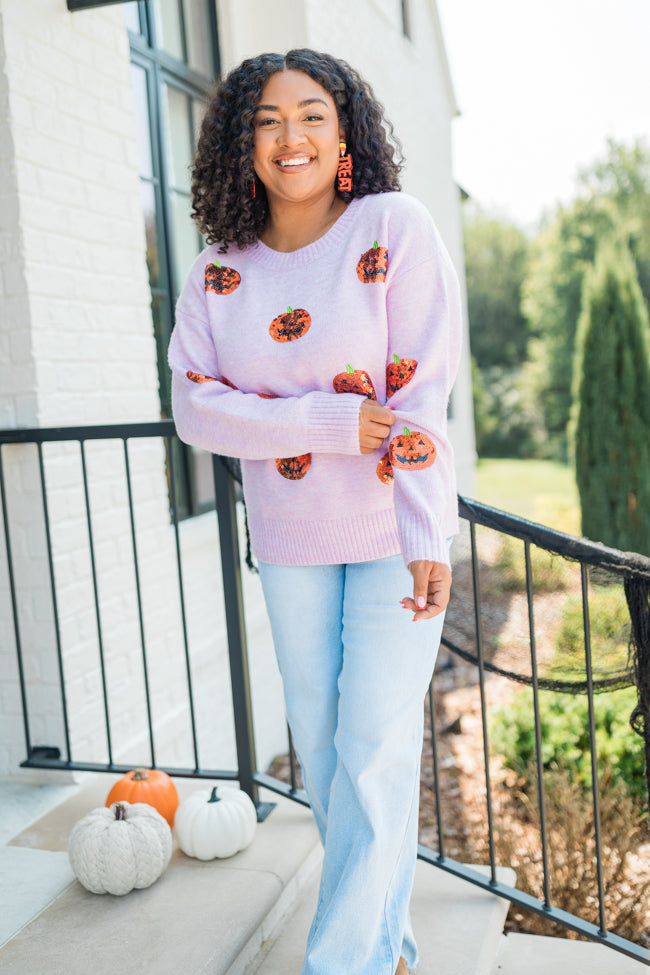 Haunt Mess Purple Sequin Pumpkin Crew Neck Sweater