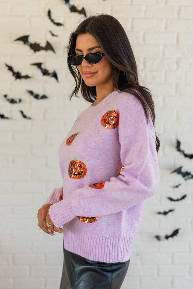 Haunt Mess Purple Sequin Pumpkin Crew Neck Sweater