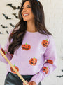 Haunt Mess Purple Sequin Pumpkin Crew Neck Sweater