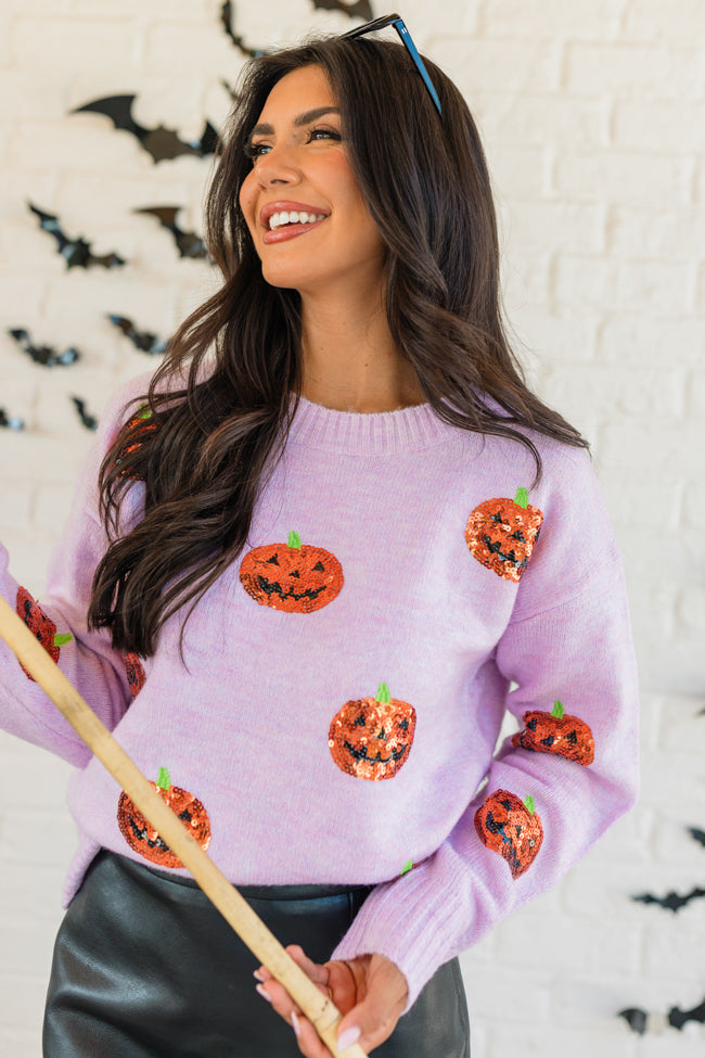 Haunt Mess Purple Sequin Pumpkin Crew Neck Sweater