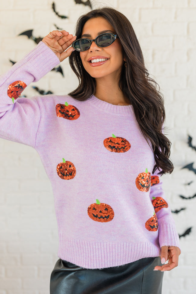 Haunt Mess Purple Sequin Pumpkin Crew Neck Sweater