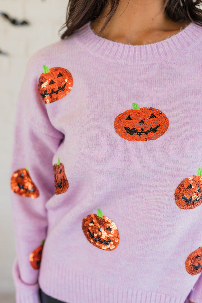 Haunt Mess Purple Sequin Pumpkin Crew Neck Sweater