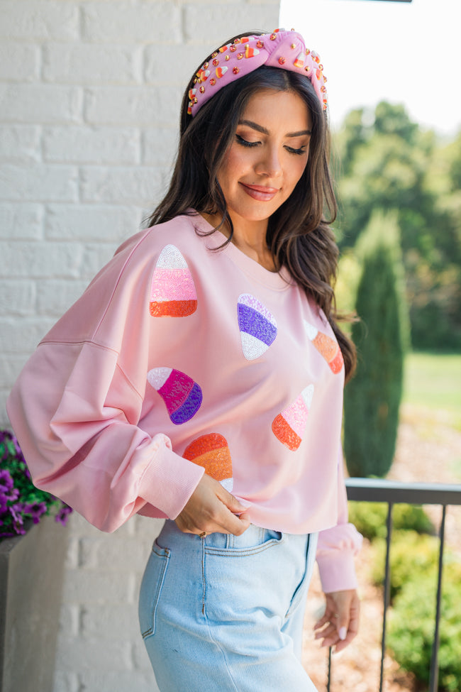 Sweet Treats Pink Multi Candy Corn Sequin Patch Sweatshirt