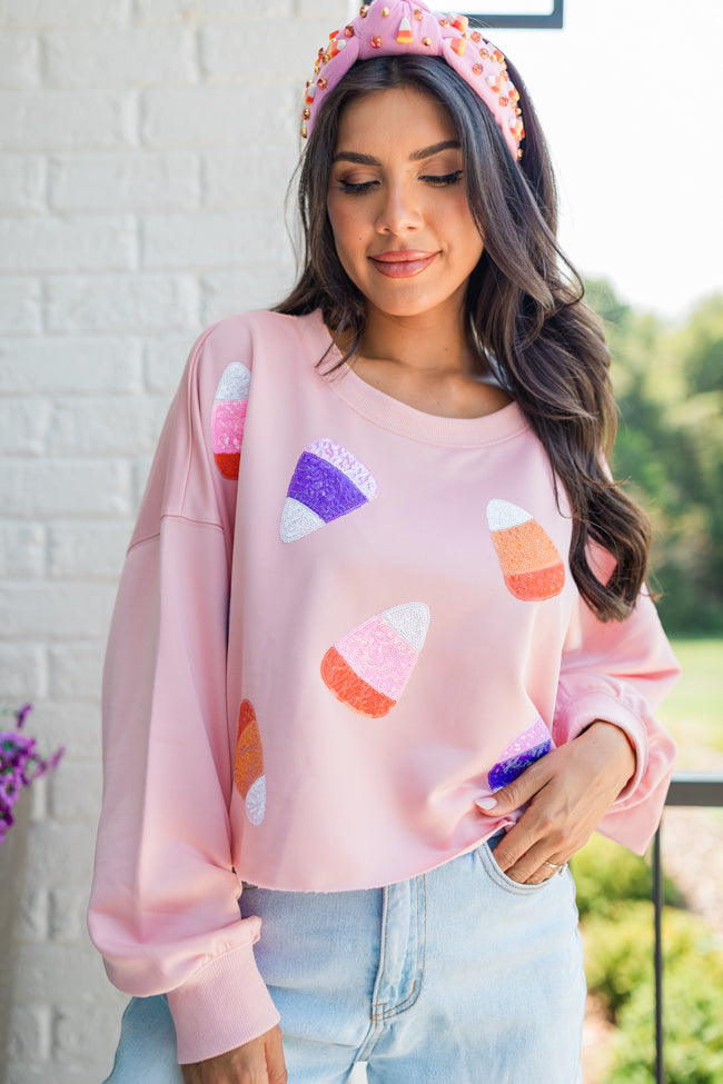 Sweet Treats Pink Multi Candy Corn Sequin Patch Sweatshirt