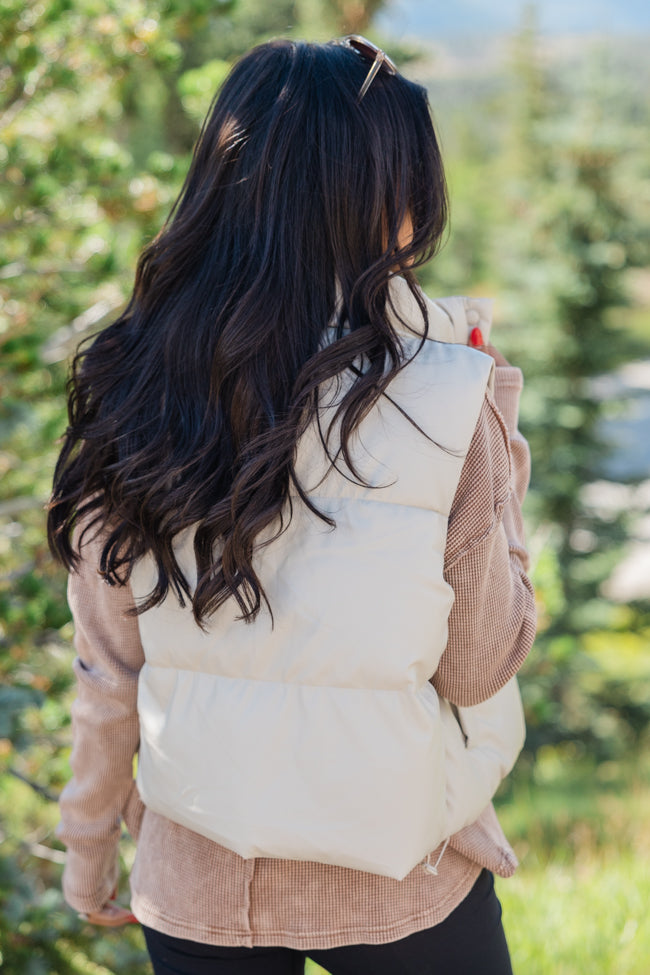 Never Letting Go Cream Faux Leather Cropped Puffer Vest