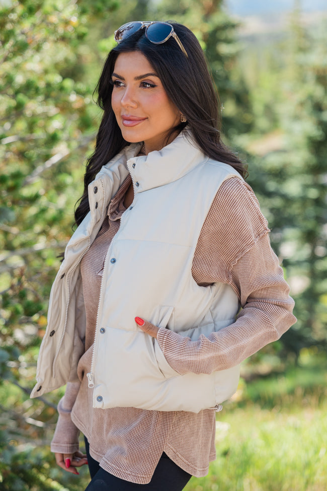 Never Letting Go Cream Faux Leather Cropped Puffer Vest