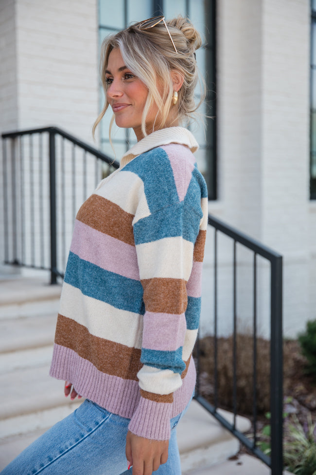 Enough Said Ivory and Dark Pink Multi Striped Henley Sweater