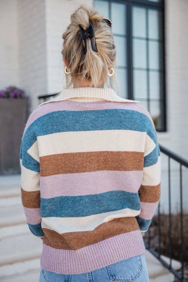 Enough Said Ivory and Dark Pink Multi Striped Henley Sweater