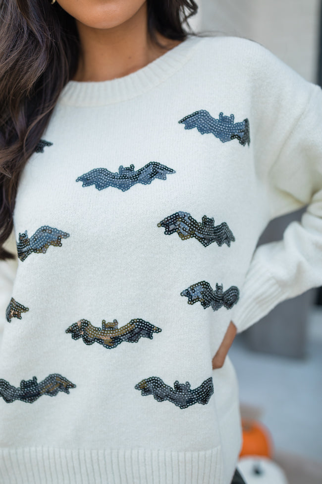 Come Fly With Me Ivory and Black Sequin Bat Sweater Macy Blackwell X Pink Lily