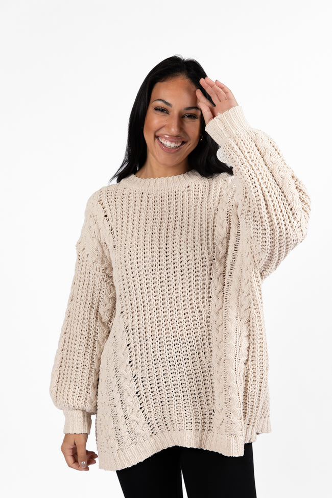 Wide Open Spaces Beige Chenille Cable Knit Oversized Sweater