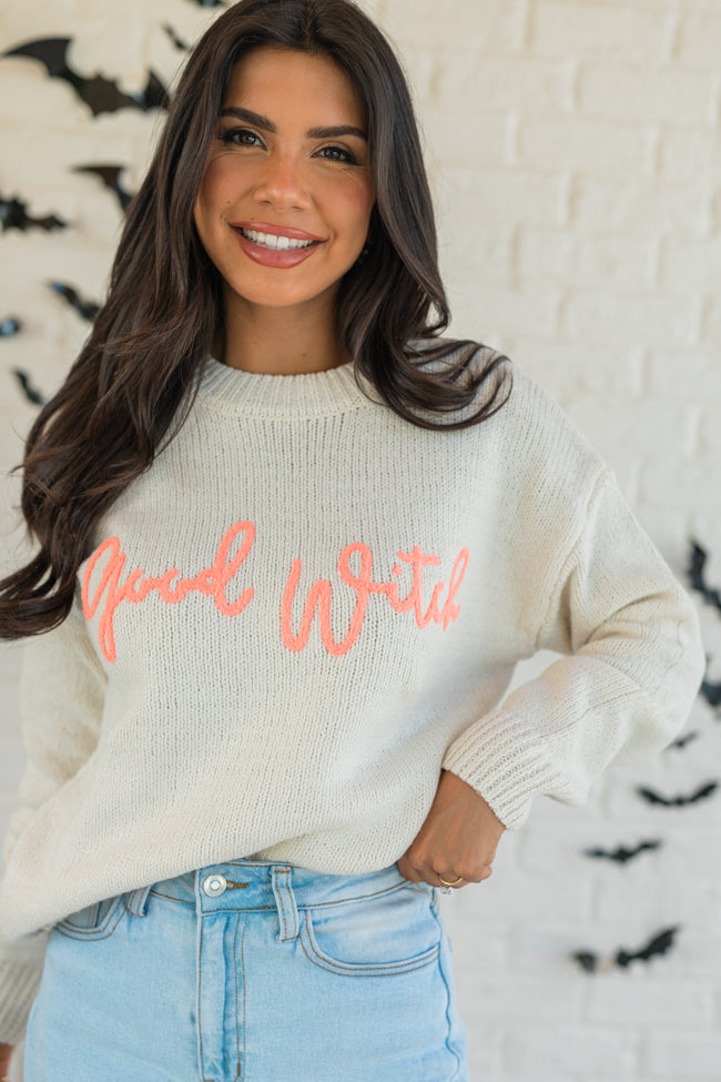 Happy To Be The Good Witch Stone and Coral Sweater