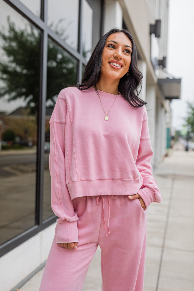 Learn As You Go Mauve Acid Washed Crew Neck Pullover