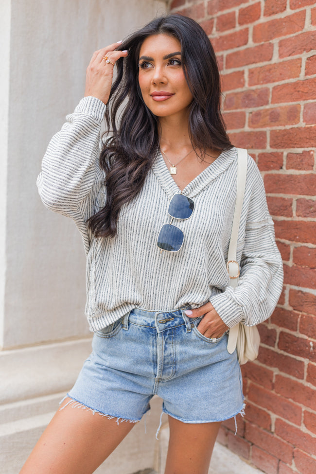 Wish For More Taupe Ribbed Knit V-Neck Top