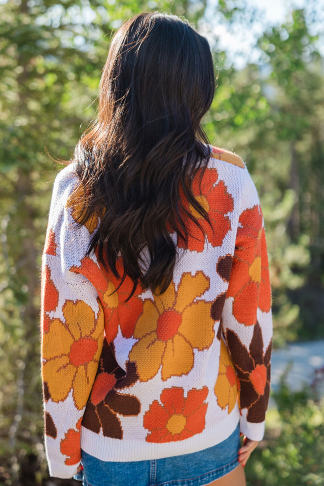 Lively Love Brown Multi V Neck Floral Print Sweater Pink Lily