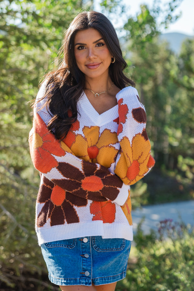 Lively Love Brown Multi V-Neck Floral Print Sweater