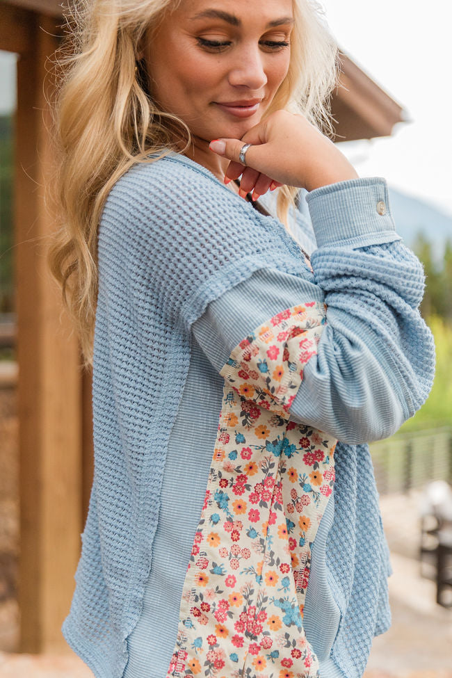 Take A Chance On Me Blue Floral Print Waffle V-Neck Top FINAL SALE