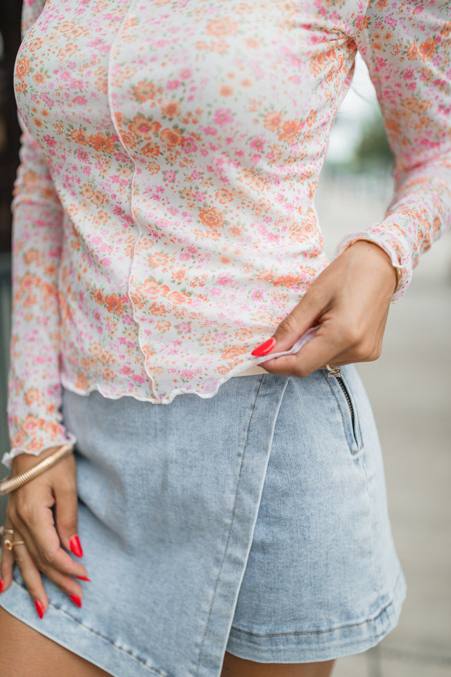 Take Me Anywhere Pink and Orange Floral Mesh Sleeve Mock Neck Top FINAL SALE