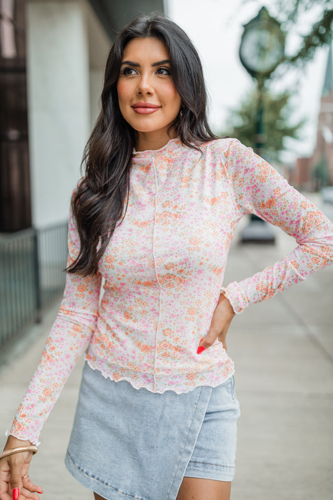 Take Me Anywhere Pink and Orange Floral Mesh Sleeve Mock Neck Top FINAL SALE