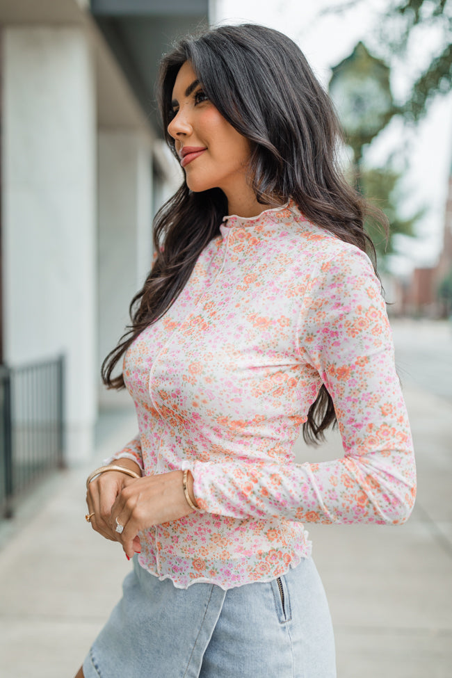 Take Me Anywhere Pink and Orange Floral Mesh Sleeve Mock Neck Top FINAL SALE