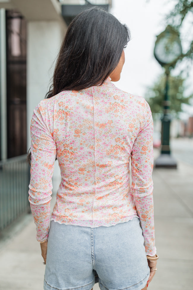 Take Me Anywhere Pink and Orange Floral Mesh Sleeve Mock Neck Top FINAL SALE