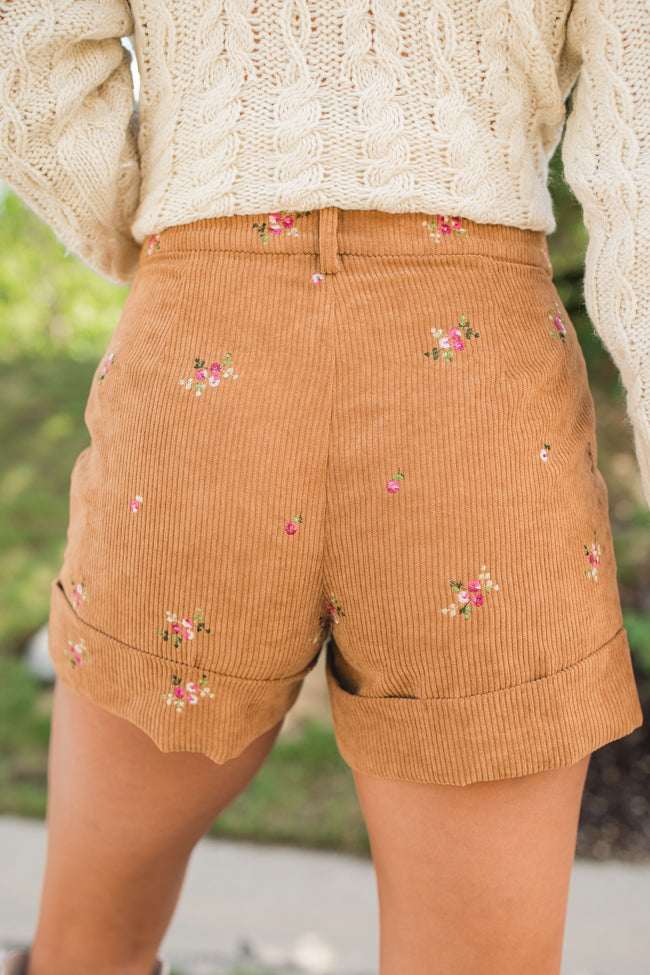 So Glad We're Buds Brown Floral Embroidered Corduroy Shorts