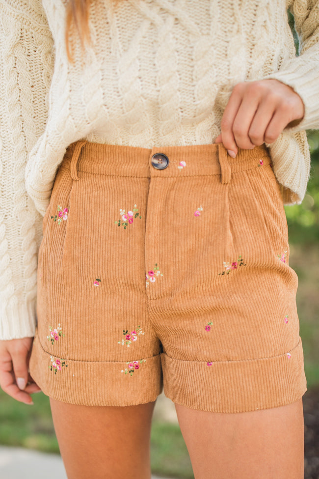 So Glad We're Buds Brown Floral Embroidered Corduroy Shorts