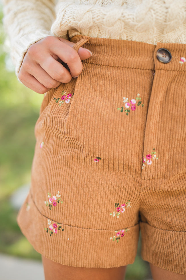 So Glad We're Buds Brown Floral Embroidered Corduroy Shorts