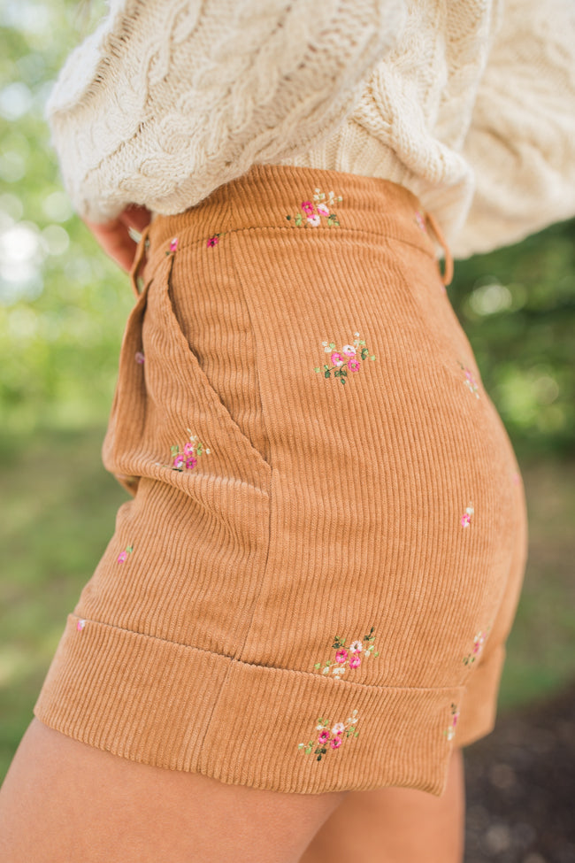 So Glad We're Buds Brown Floral Embroidered Corduroy Shorts