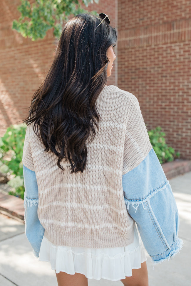 Day To Day Taupe Denim Sleeve Striped Sweater