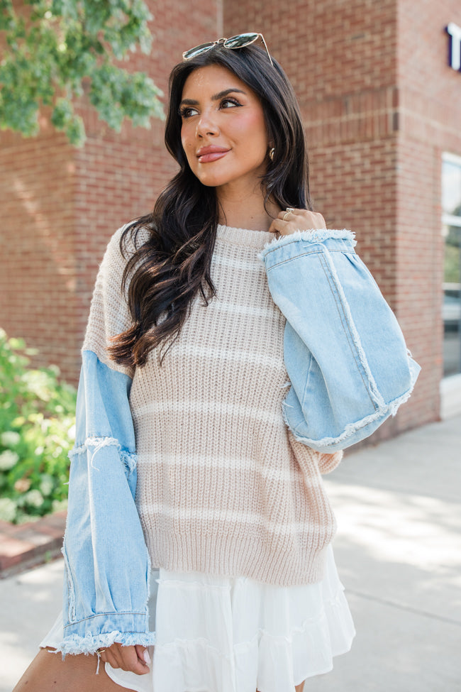 Day To Day Taupe Denim Sleeve Striped Sweater