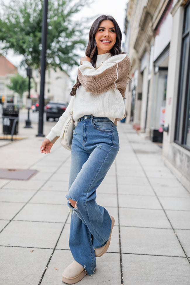 Heading To Town Ivory and Taupe Two Tone Mock Neck Sweater