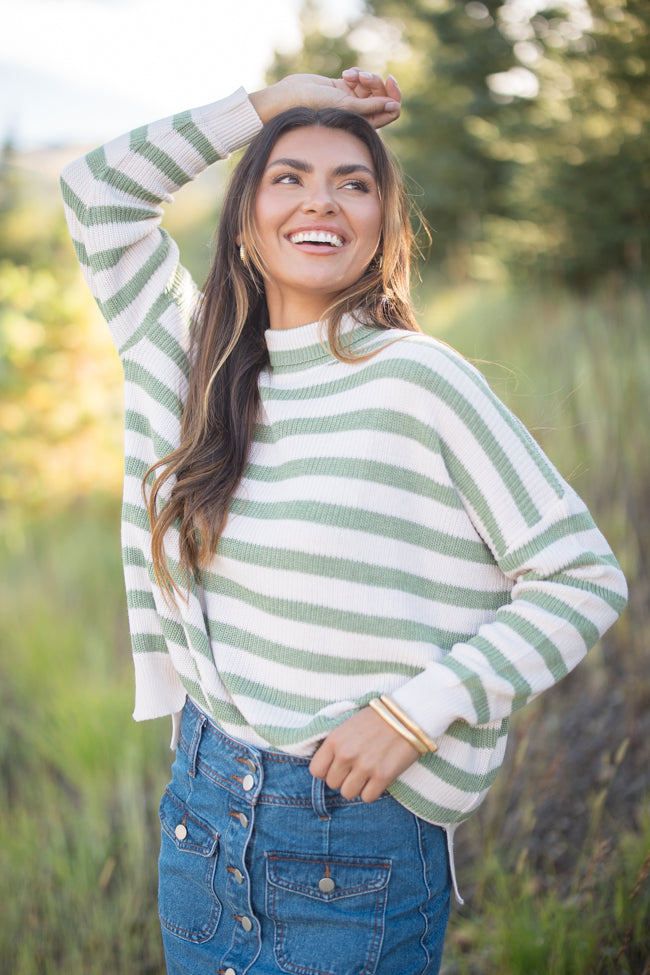 Keep On Shining Olive And Cream Striped Turtleneck Sweater