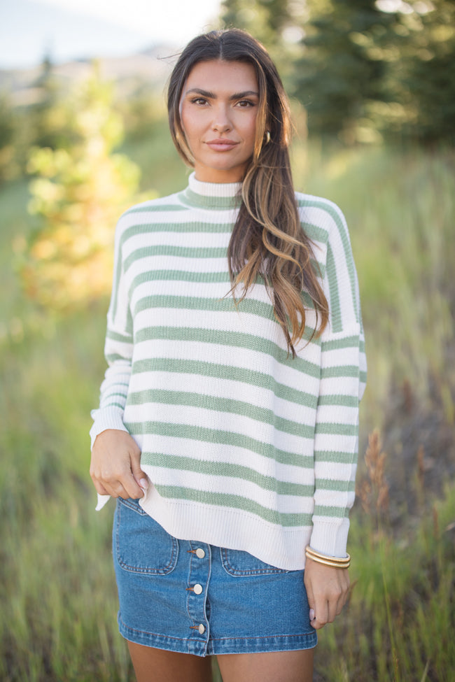 Keep On Shining Olive And Cream Striped Turtleneck Sweater